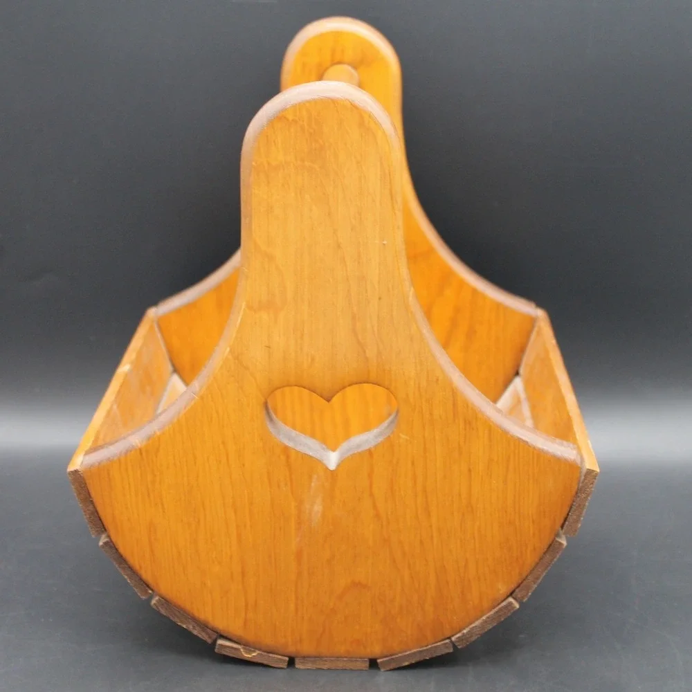 Vintage Wooden Basket Caddy Heart Cutout Handle Country Farmhouse 11